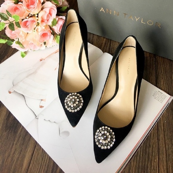 Ann Taylor Jeweled-Brooch Suede Pump, Black - Picture 2 of 8